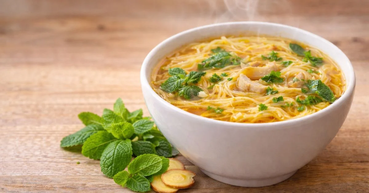 سوپ رشته زنجبیل با نعنا با رشته زر ماکارون