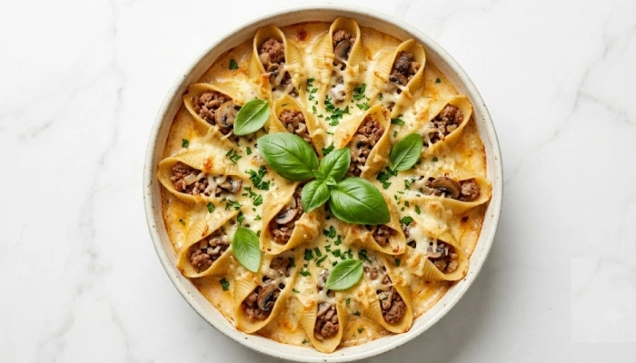 طرز تهیه پاستا صدفی شکم پر با سس بشامل